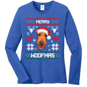 Airedale Terrier Gift For Merry Christmas Woofmas Clothes Gift Ladies Long Sleeve Shirt