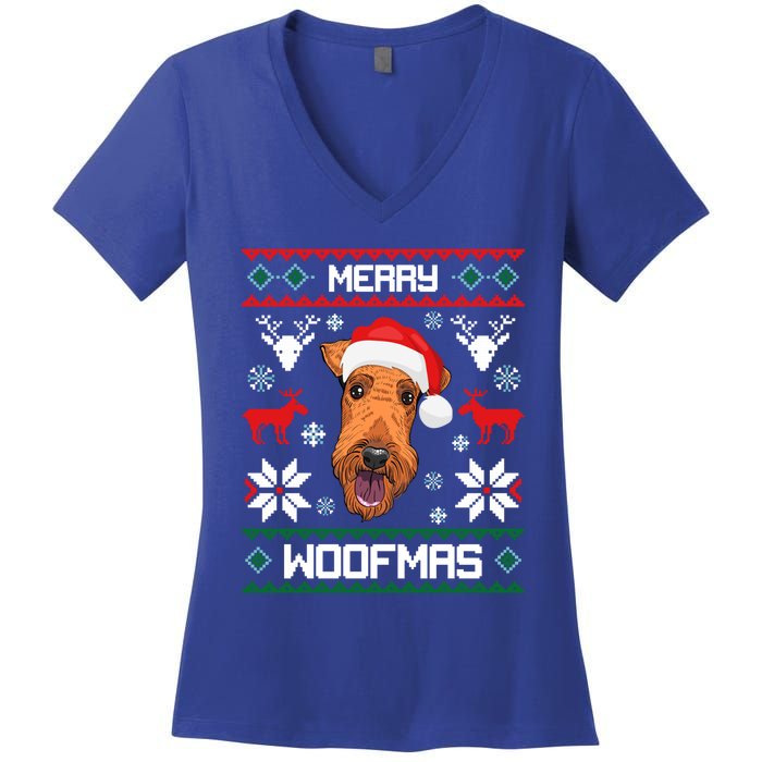 Airedale Terrier Gift For Merry Christmas Woofmas Clothes Gift Women's V-Neck T-Shirt