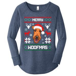 Airedale Terrier Gift For Merry Christmas Woofmas Clothes Gift Women's Perfect Tri Tunic Long Sleeve Shirt