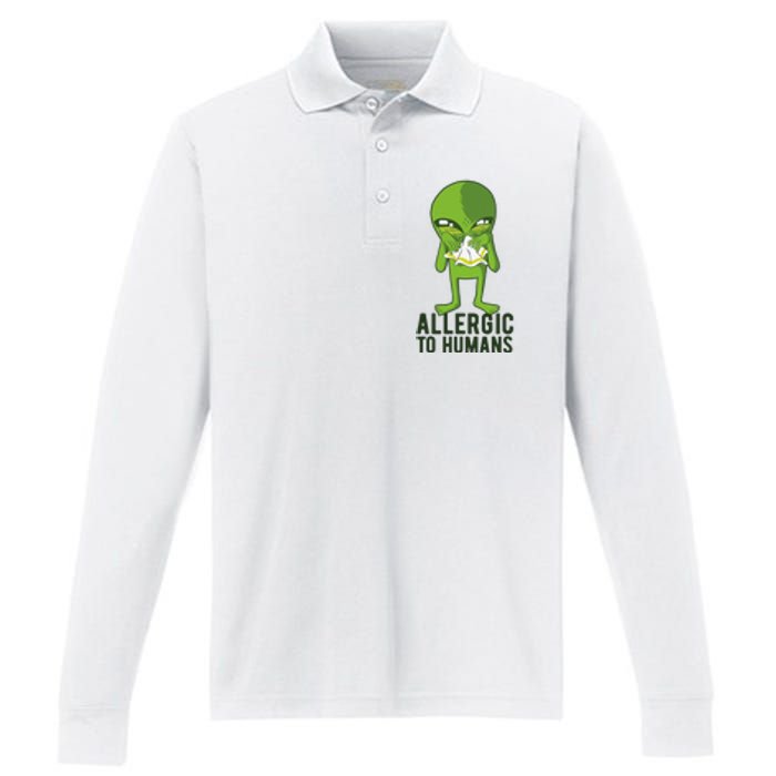 Allergic To Humans Funny Alien Performance Long Sleeve Polo