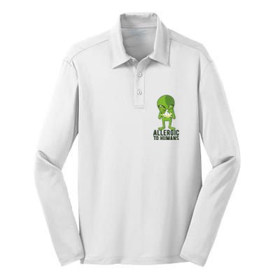 Allergic To Humans Funny Alien Silk Touch Performance Long Sleeve Polo