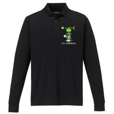 Allergic To Humans Funny Alien Ufo Sniffing Performance Long Sleeve Polo