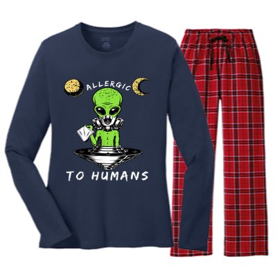 Allergic To Humans Funny Alien Ufo Sniffing Women's Long Sleeve Flannel Pajama Set 