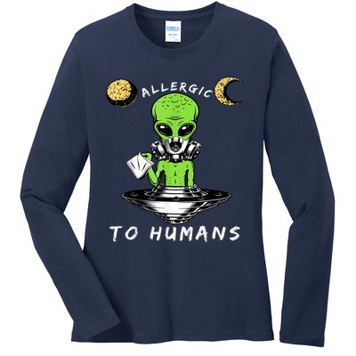 Allergic To Humans Funny Alien Ufo Sniffing Ladies Long Sleeve Shirt