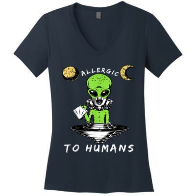 Allergic To Humans Funny Alien Ufo Sniffing Women's V-Neck T-Shirt