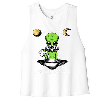 Allergic To Humans Funny Alien Ufo Sniffing Women's Racerback Cropped Tank