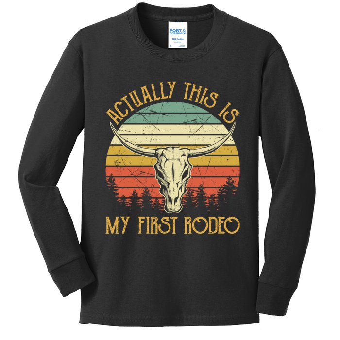 Actually This Is My First Rodeo Country Western Bull Skull Kids Long Sleeve Shirt