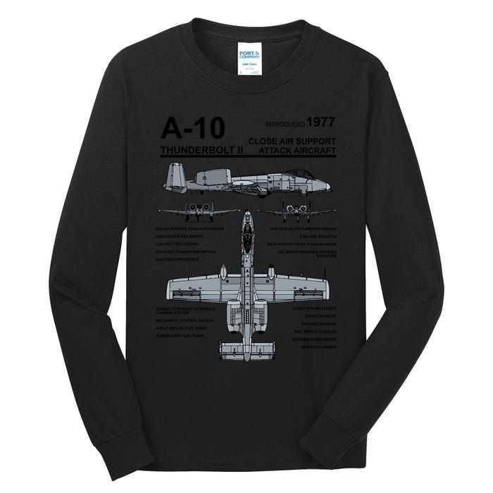 A10 Thunderbolt Ii Warthog Military Jet Spec Diagram Tall Long Sleeve T-Shirt