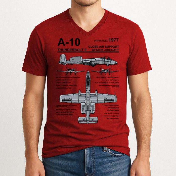 A10 Thunderbolt Ii Warthog Military Jet Spec Diagram V-Neck T-Shirt