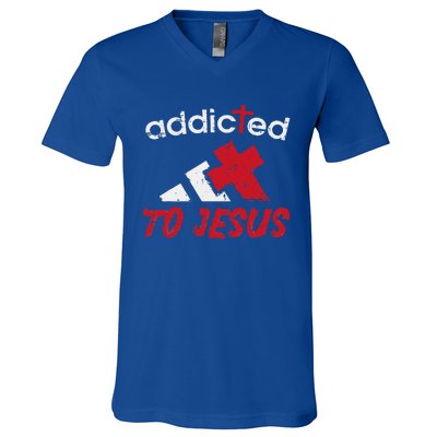 Addicted To Jesus God Faith Religious Christian V-Neck T-Shirt