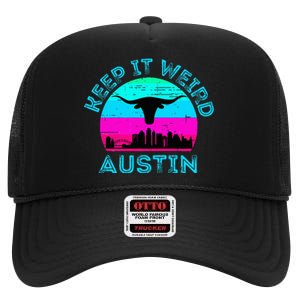 Austin Texas Keep It Weird Longhorn Sunset Gift High Crown Mesh Back Trucker Hat