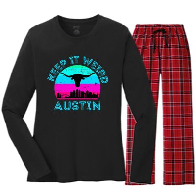 Austin Texas Keep It Weird Longhorn Sunset Gift Women's Long Sleeve Flannel Pajama Set 