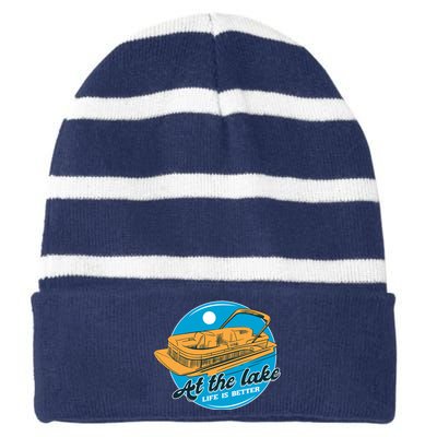 At The Lake Life Is Better Pontoon Striped Beanie with Solid Band