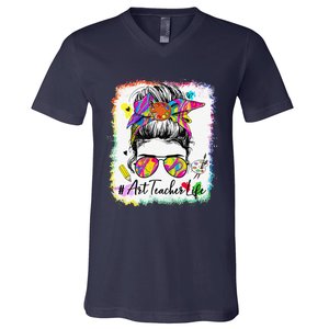 Art Teacher Life Messy Bun 100 Days Of School Cute 100th Day V-Neck T-Shirt