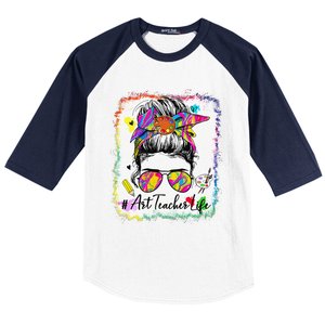 Art Teacher Life Messy Bun 100 Days Of School Cute 100th Day Baseball Sleeve Shirt