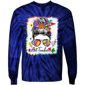 Art Teacher Life Messy Bun 100 Days Of School Cute 100th Day Tie-Dye Long Sleeve Shirt