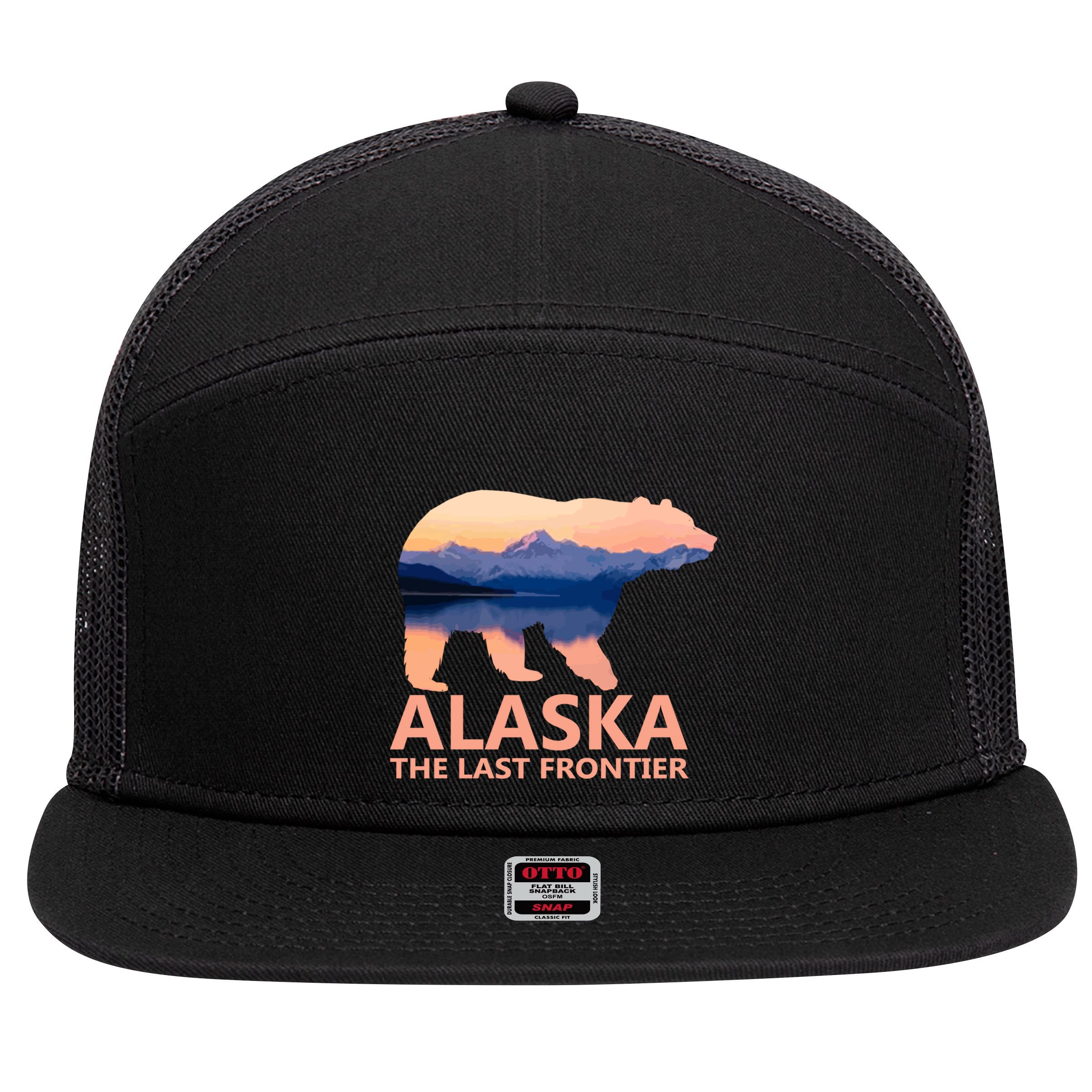 Alaska The Last Frontier Grizzly Bear Lake Gift Funny Gift 7 Panel Mesh Trucker Snapback Hat