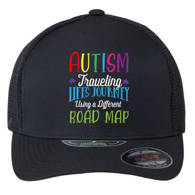 Autism Traveling Life's Journey Using A Different Road Map Gift Flexfit Unipanel Trucker Cap