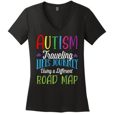 Autism Traveling Life's Journey Using A Different Road Map Gift Women's V-Neck T-Shirt