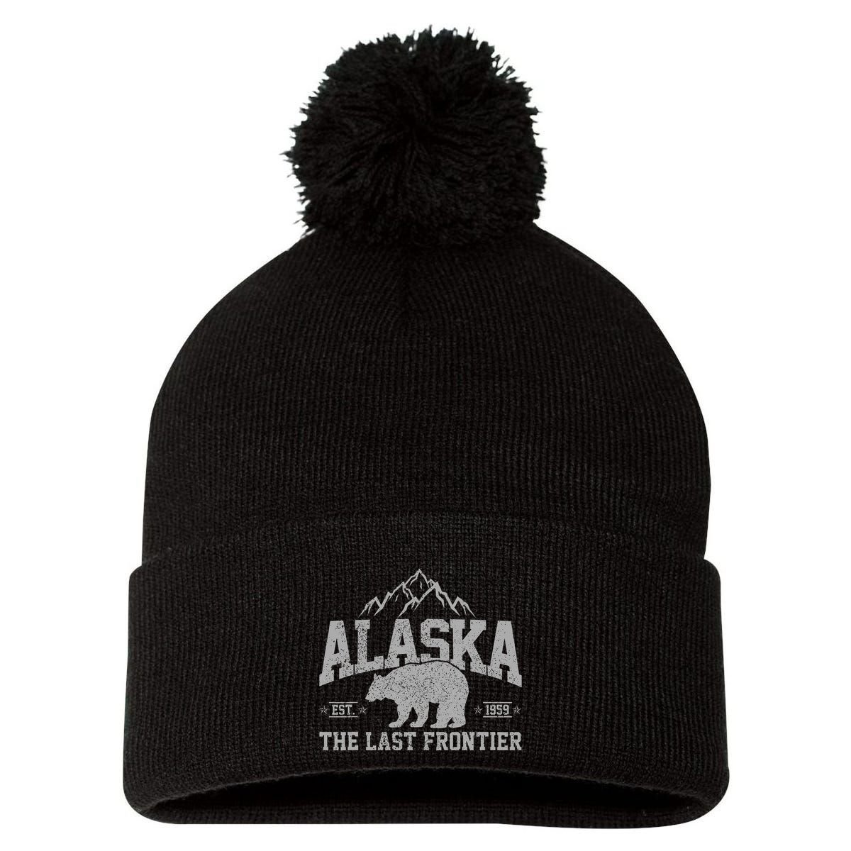 Alaska The Last Frontier Est 1959 Grizzly Bear Mountains Pom Pom 12in Knit Beanie