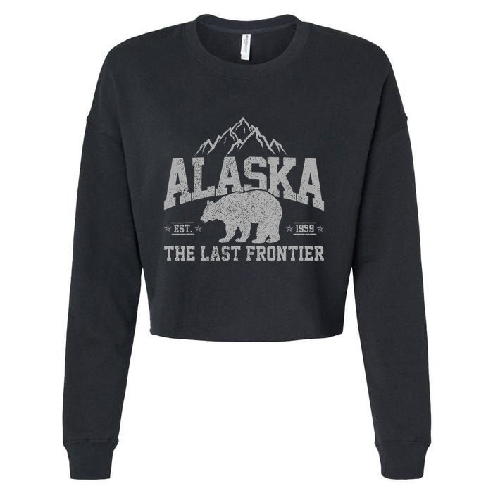 Alaska The Last Frontier Est 1959 Grizzly Bear Mountains Cropped Pullover Crew