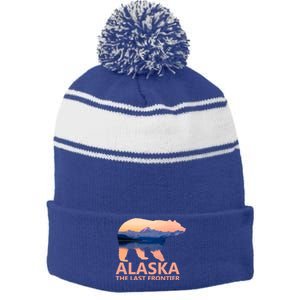 Alaska The Last Frontier Grizzly Bear Lake Gift Stripe Pom Pom Beanie