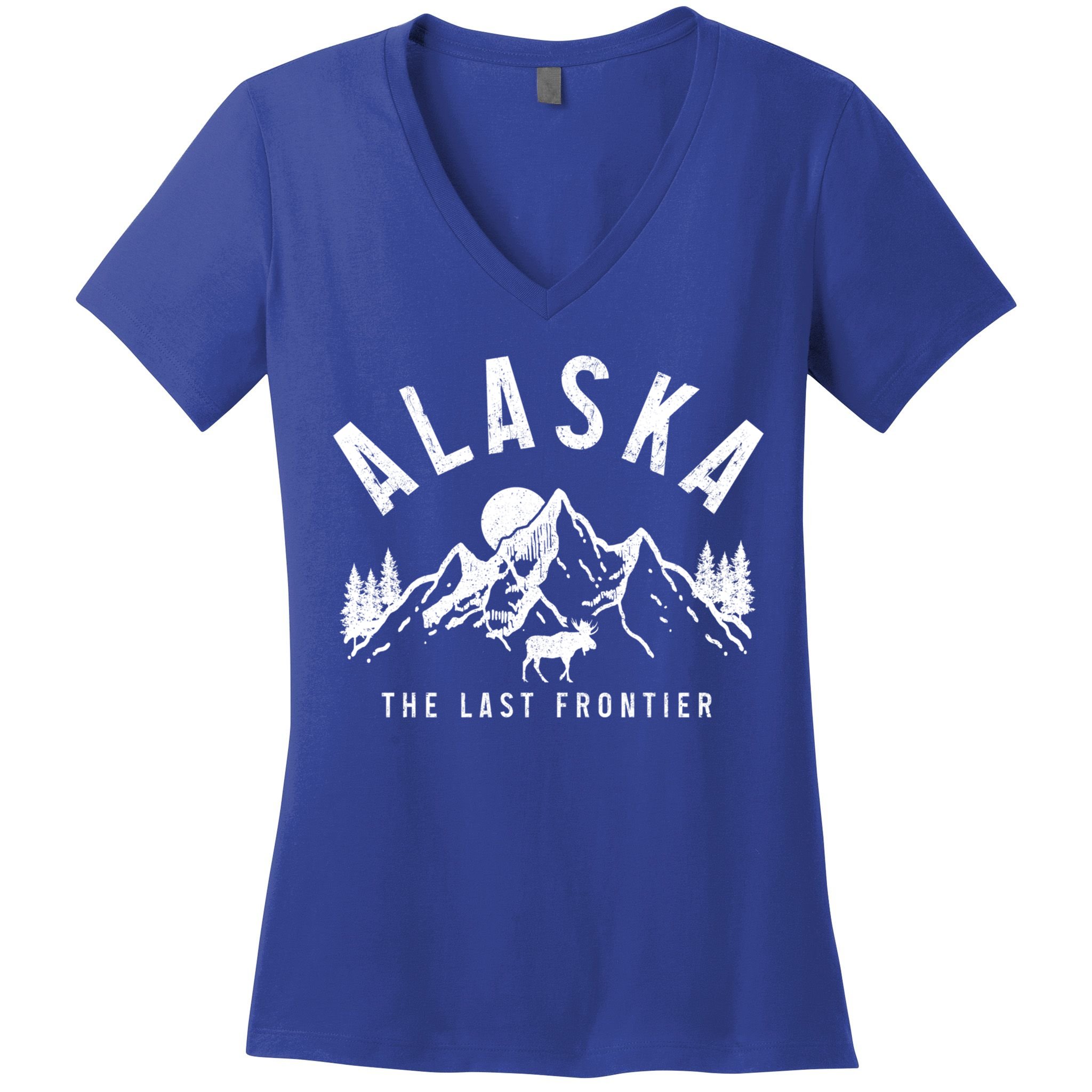 Alaska The Last Frontier Vintage Mountains Moose Hiking Gift Women's V-Neck T-Shirt