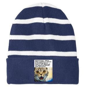 A Tariff Meme With A Funny Image Of A Surprised Cat Striped Beanie with Solid Band