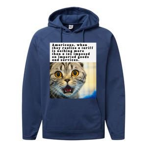 A Tariff Meme With A Funny Image Of A Surprised Cat Performance Fleece Hoodie