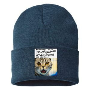 A Tariff Meme With A Funny Image Of A Surprised Cat Sustainable Knit Beanie