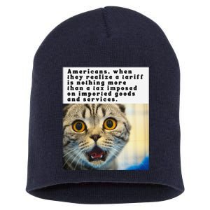 A Tariff Meme With A Funny Image Of A Surprised Cat Short Acrylic Beanie