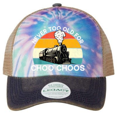 Adult Train Never Too Old For Choo Choos Retro Locomotive Legacy Tie Dye Trucker Hat