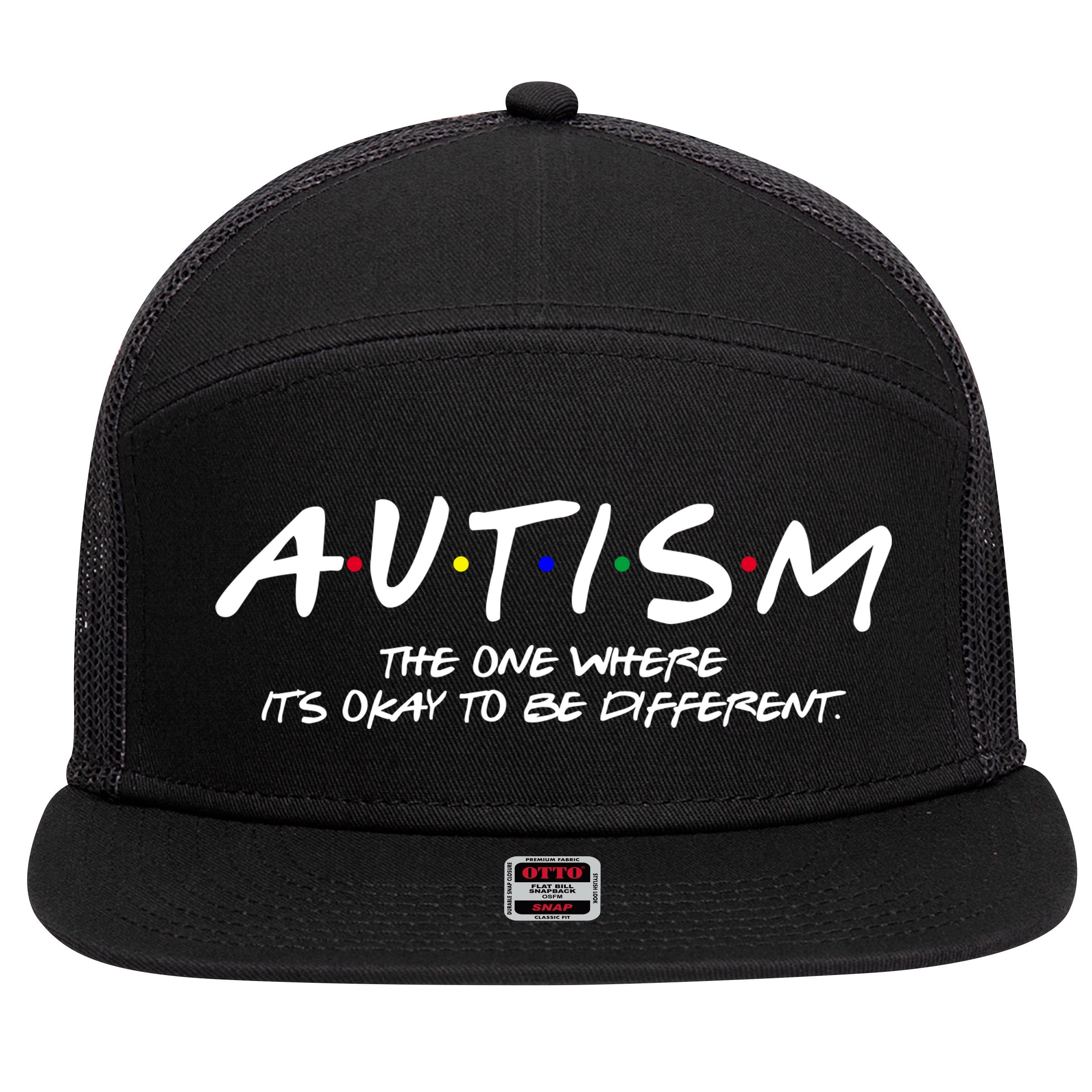Autism The One Where Its Okay To Be Different Autism Awareness 7 Panel Mesh Trucker Snapback Hat