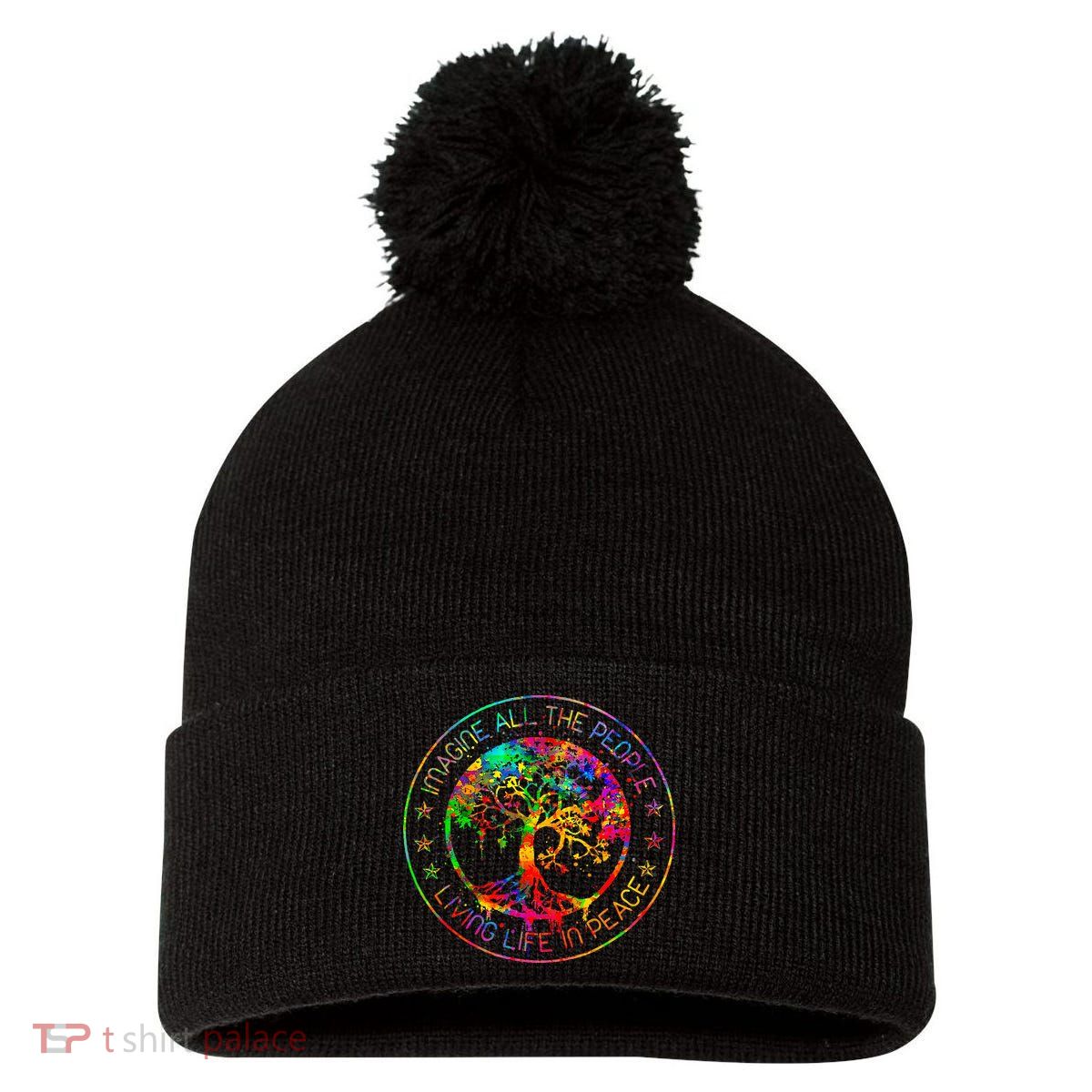 All The People Imagine Living Life In Peace Hippie Tie Dye Pom Pom 12in Knit Beanie