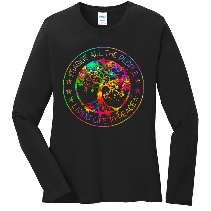 All The People Imagine Living Life In Peace Hippie Tie Dye Ladies Long Sleeve Shirt