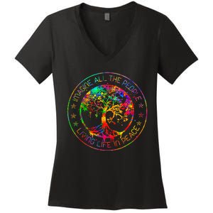 All The People Imagine Living Life In Peace Hippie Tie Dye Women's V-Neck T-Shirt