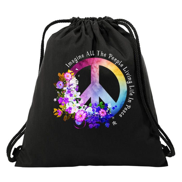 All The People Imagine Living Life In Peace Colorful Flowers Drawstring Bag