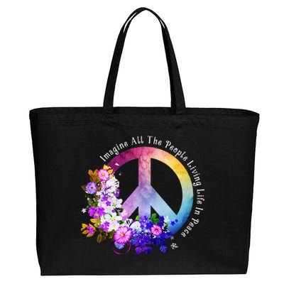 All The People Imagine Living Life In Peace Colorful Flowers Cotton Canvas Jumbo Tote