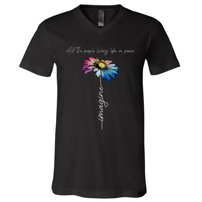 All The People Imagine Living Life In Peace Vintage Flower V-Neck T-Shirt