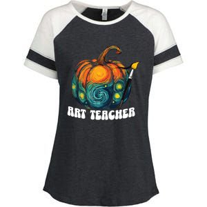 Art Teacher Pumpkin Halloween Starry Night Van Gogh Enza Ladies Jersey Colorblock Tee