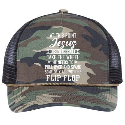 At This Point Jesus Doesnt Need To Take The Wheel Flip Flop Retro Rope Trucker Hat Cap