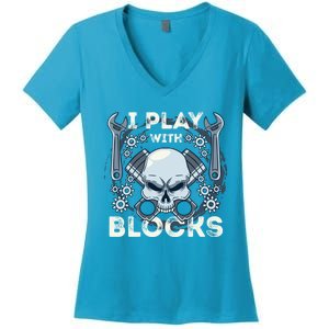 Automechanic Tuning Pun Playing With Motor Block Car Engine Funny Gift Women's V-Neck T-Shirt