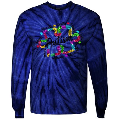 Autism Teacher Pencil Autism Awareness Month Tie-Dye Long Sleeve Shirt