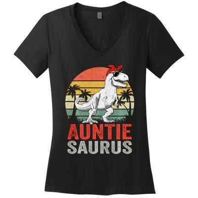 Auntiesaurus T Rex Dinosaur Auntie Saurus Family Matching Long Sleeve Women's V-Neck T-Shirt