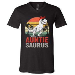 Auntiesaurus T Rex Dinosaur Auntie Saurus Family Matching V-Neck T-Shirt