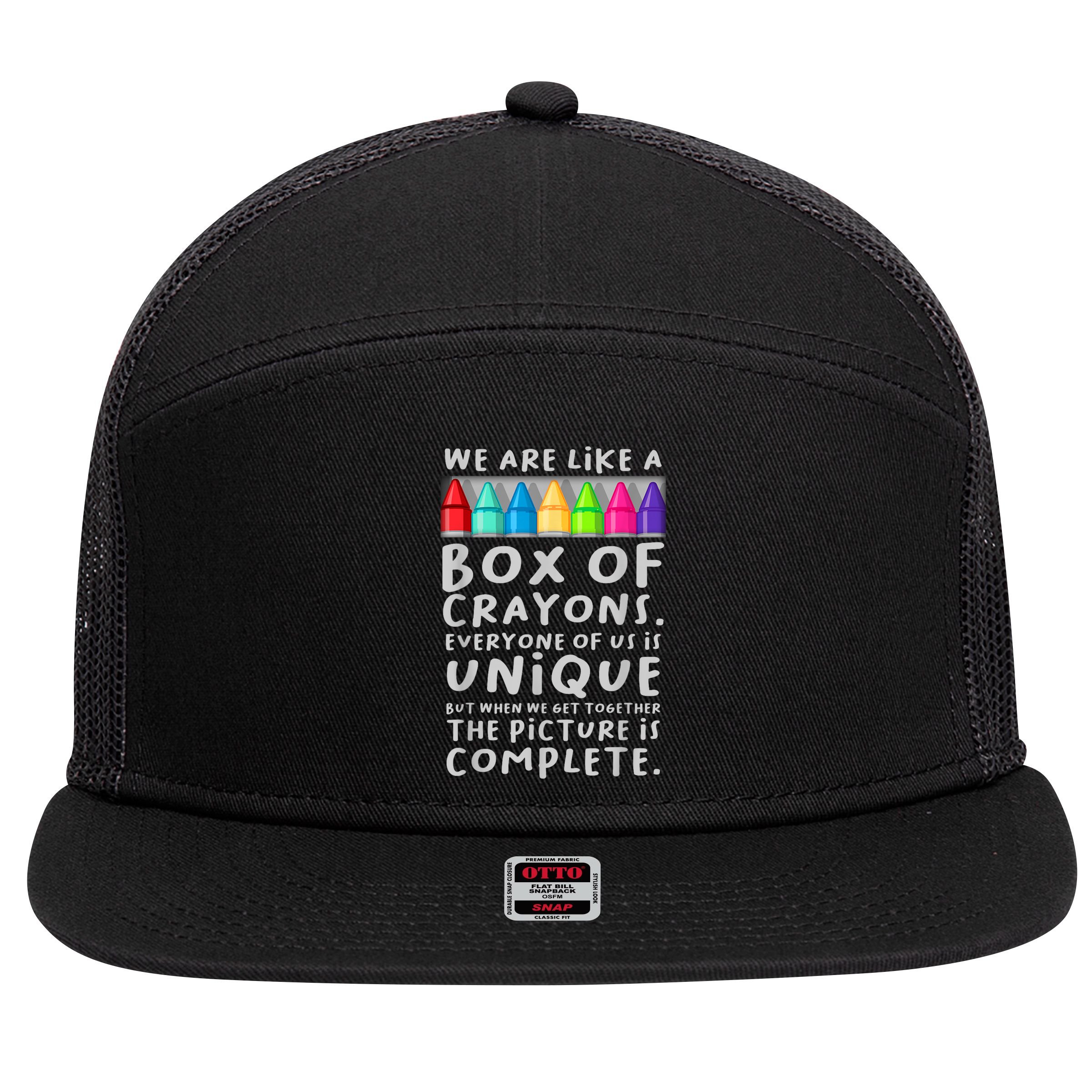 Ack To School Teacher We Are Like A Box Of Crayons 7 Panel Mesh Trucker Snapback Hat