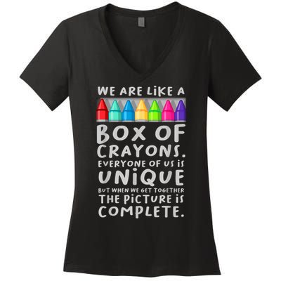 Ack To School Teacher We Are Like A Box Of Crayons Women's V-Neck T-Shirt