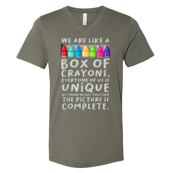 Ack To School Teacher We Are Like A Box Of Crayons V-Neck T-Shirt