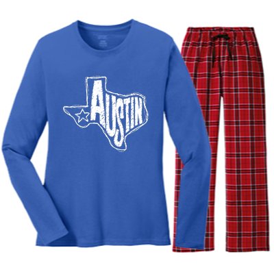 Austin Texas State Retro Outline Map Women's Long Sleeve Flannel Pajama Set 