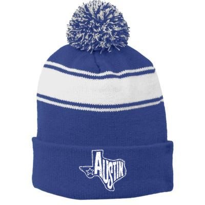 Austin Texas State Retro Outline Map Stripe Pom Pom Beanie